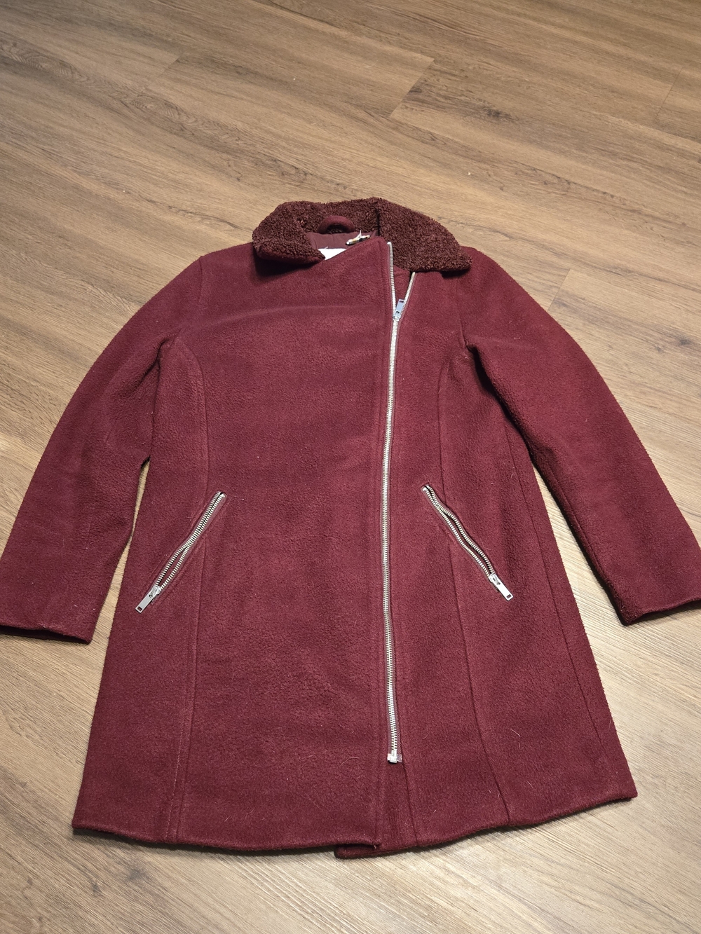 Old Navy Women's Burgundy Asymmetrical Zip Trench Coat with Sherpa Collar